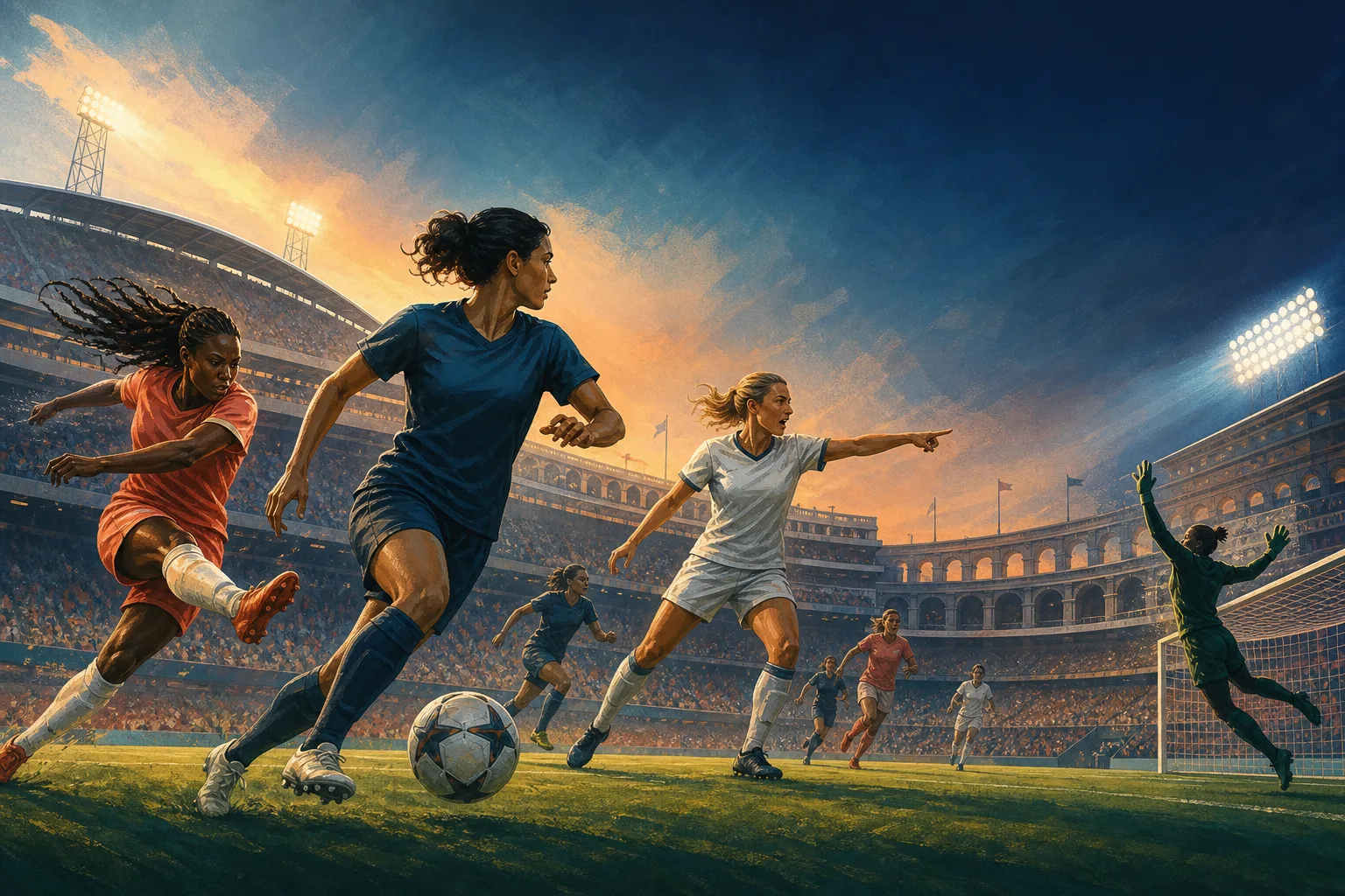 Editorial illustration of diverse anonymous women footballers in attacking, midfield, defensive and goalkeeping roles
