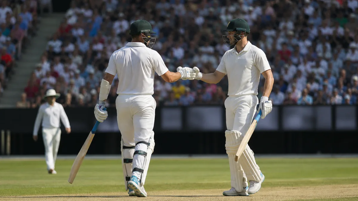 Two anonymous cricket batters acknowledging each other during a long partnership