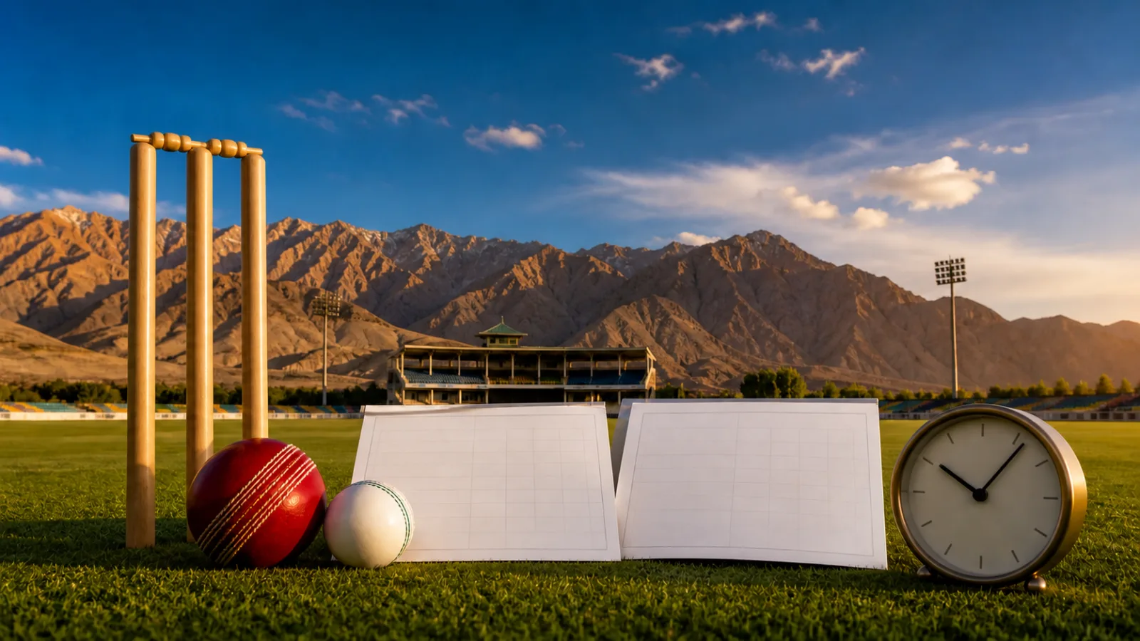 Blank fixture cards with red and white cricket balls on a mountain-backed cricket ground