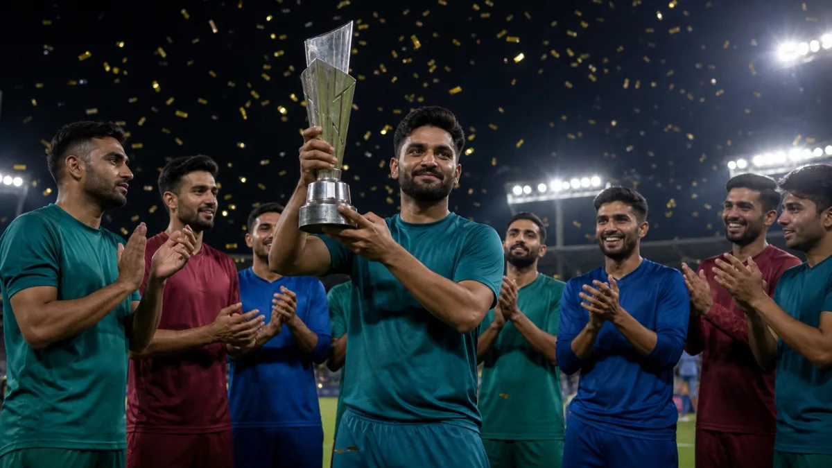 Anonymous Asian cricket team celebrating with a generic continental tournament trophy