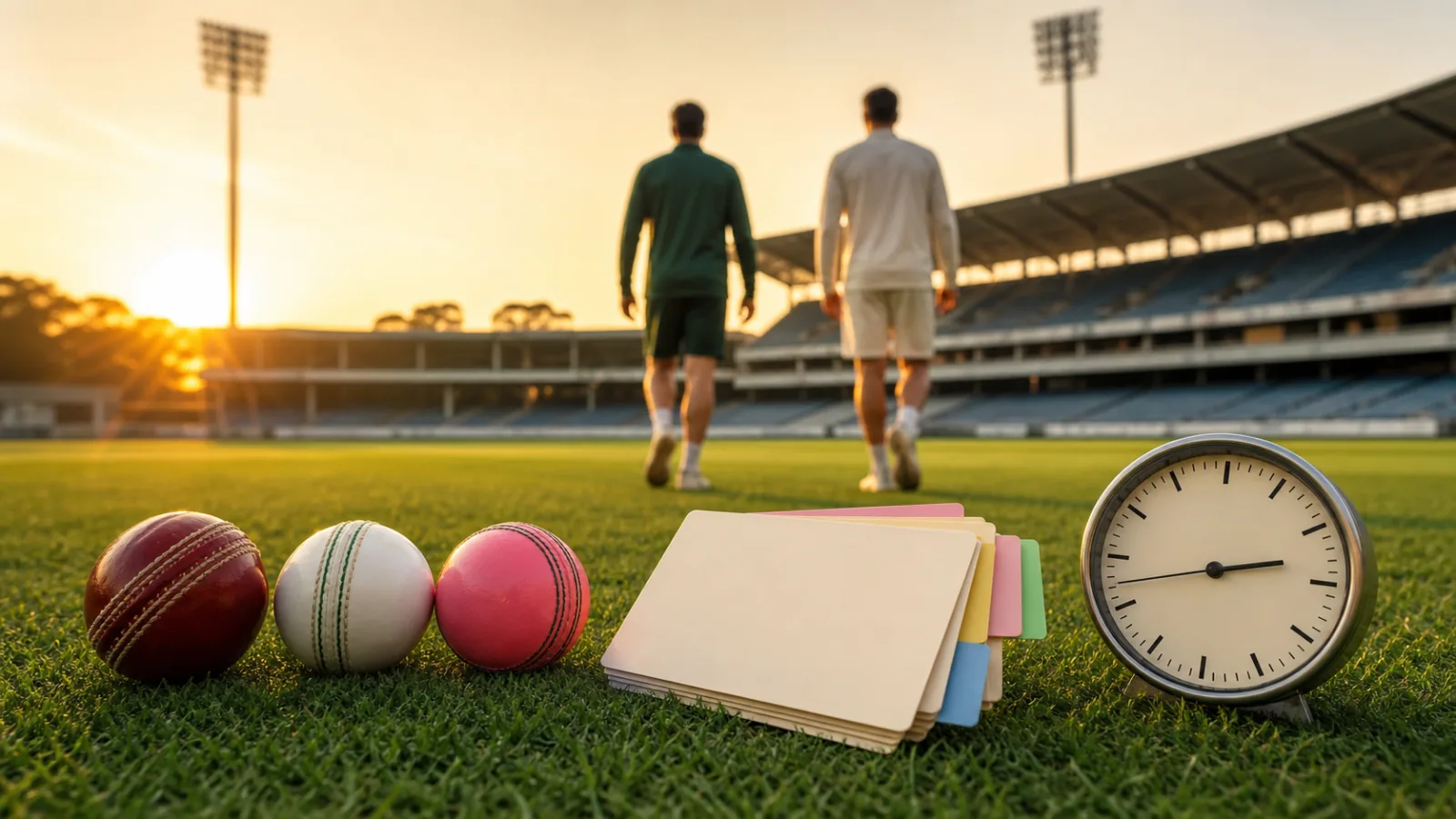 Red, white and pink cricket balls beside blank fixture cards and a clock in a sunlit stadium