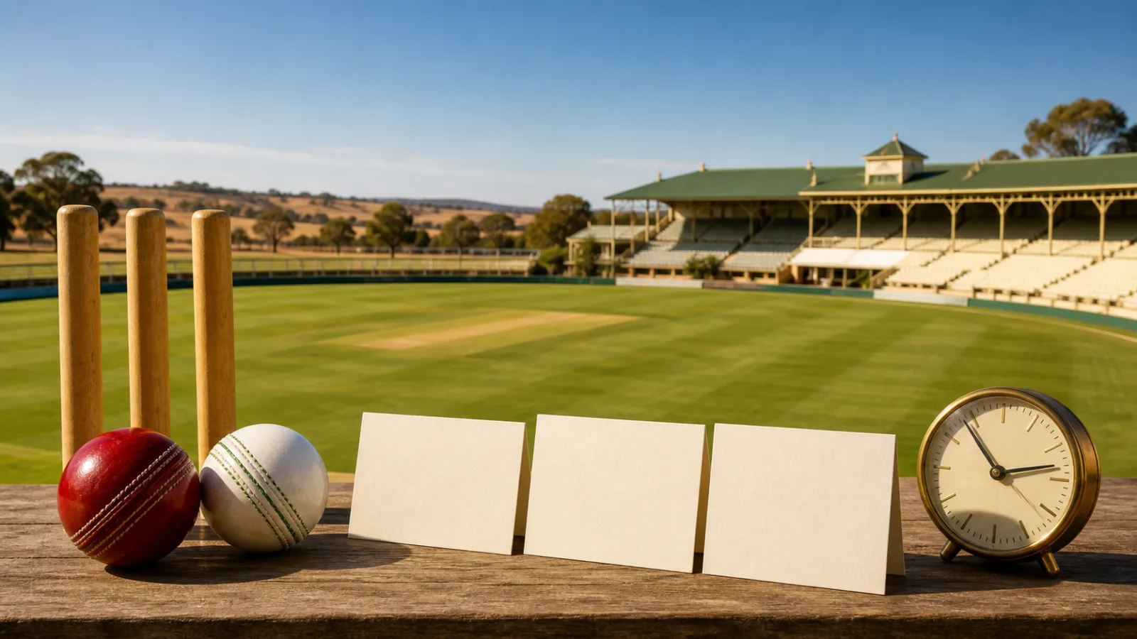 Blank fixture cards with cricket balls and stumps at a sunlit Australian cricket ground