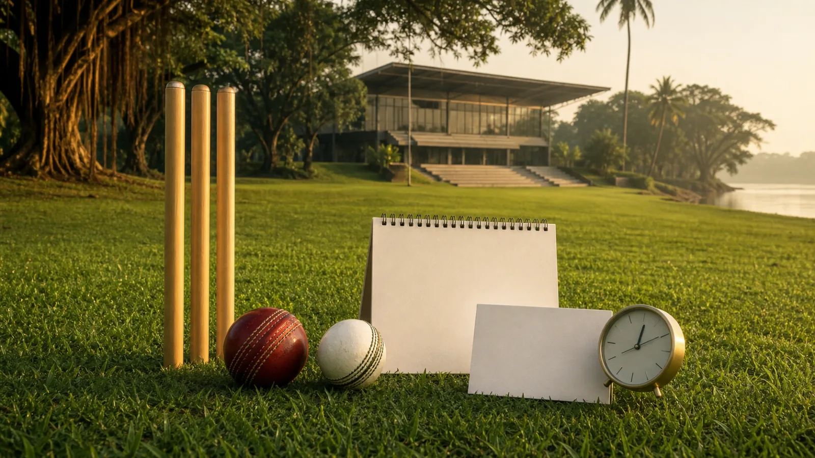 Blank fixture cards and cricket equipment beside a clock on a green riverside ground