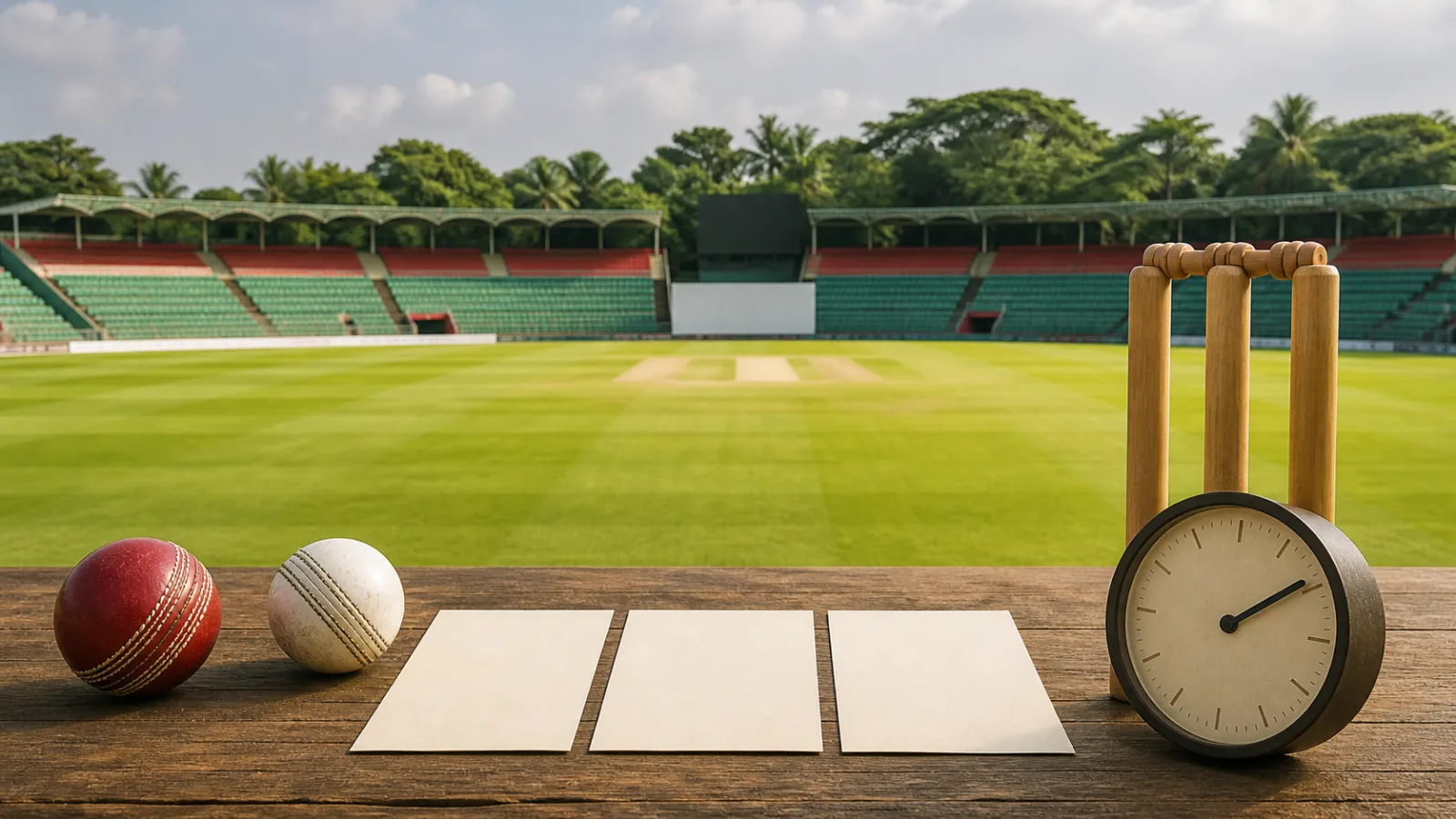 Blank fixture cards beside cricket balls and stumps at a sunlit Bangladesh cricket ground
