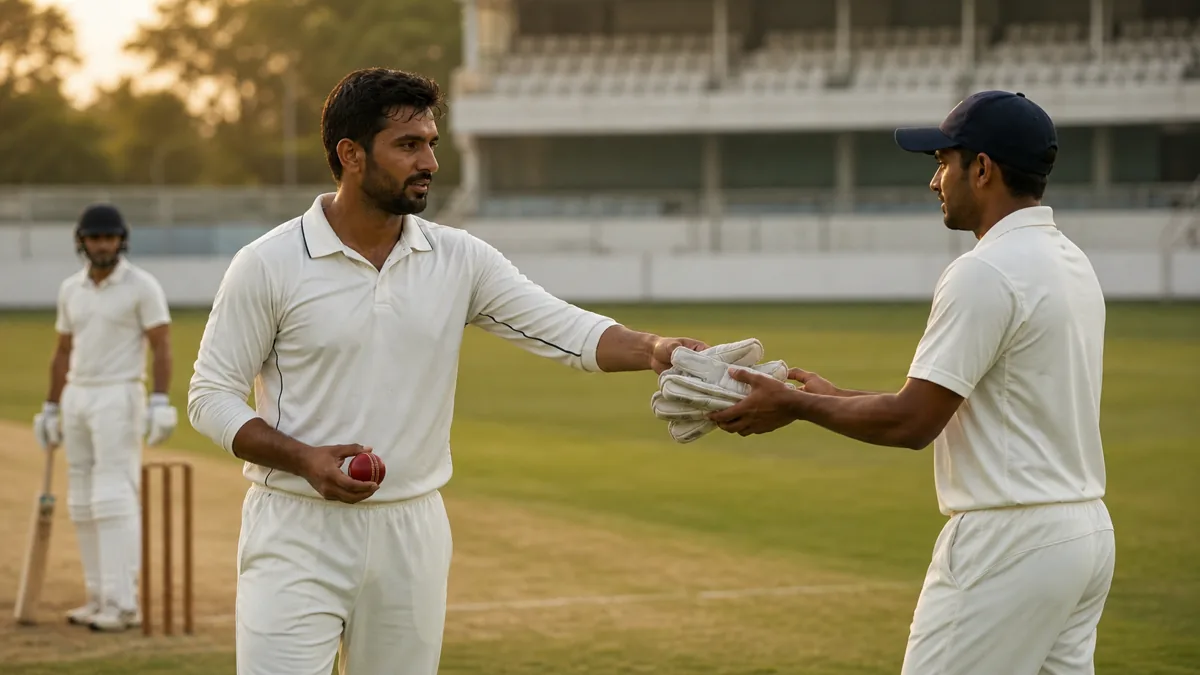 Cricket player handing wicketkeeping gloves to a teammate before taking the ball to bowl