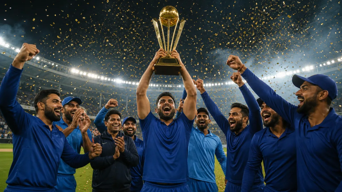 Cricket captain lifting a gold tournament trophy as teammates celebrate under stadium lights