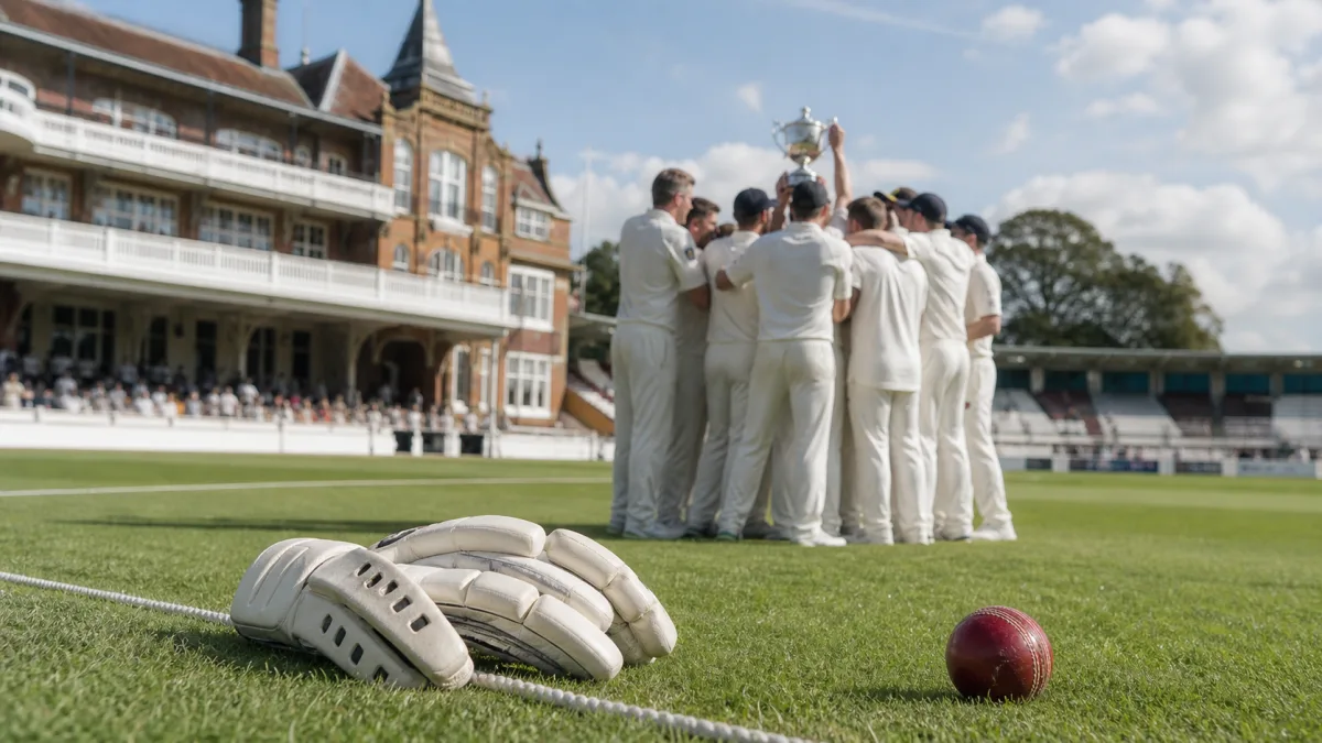 County cricket team in white kits lifting a silver trophy at a traditional English ground