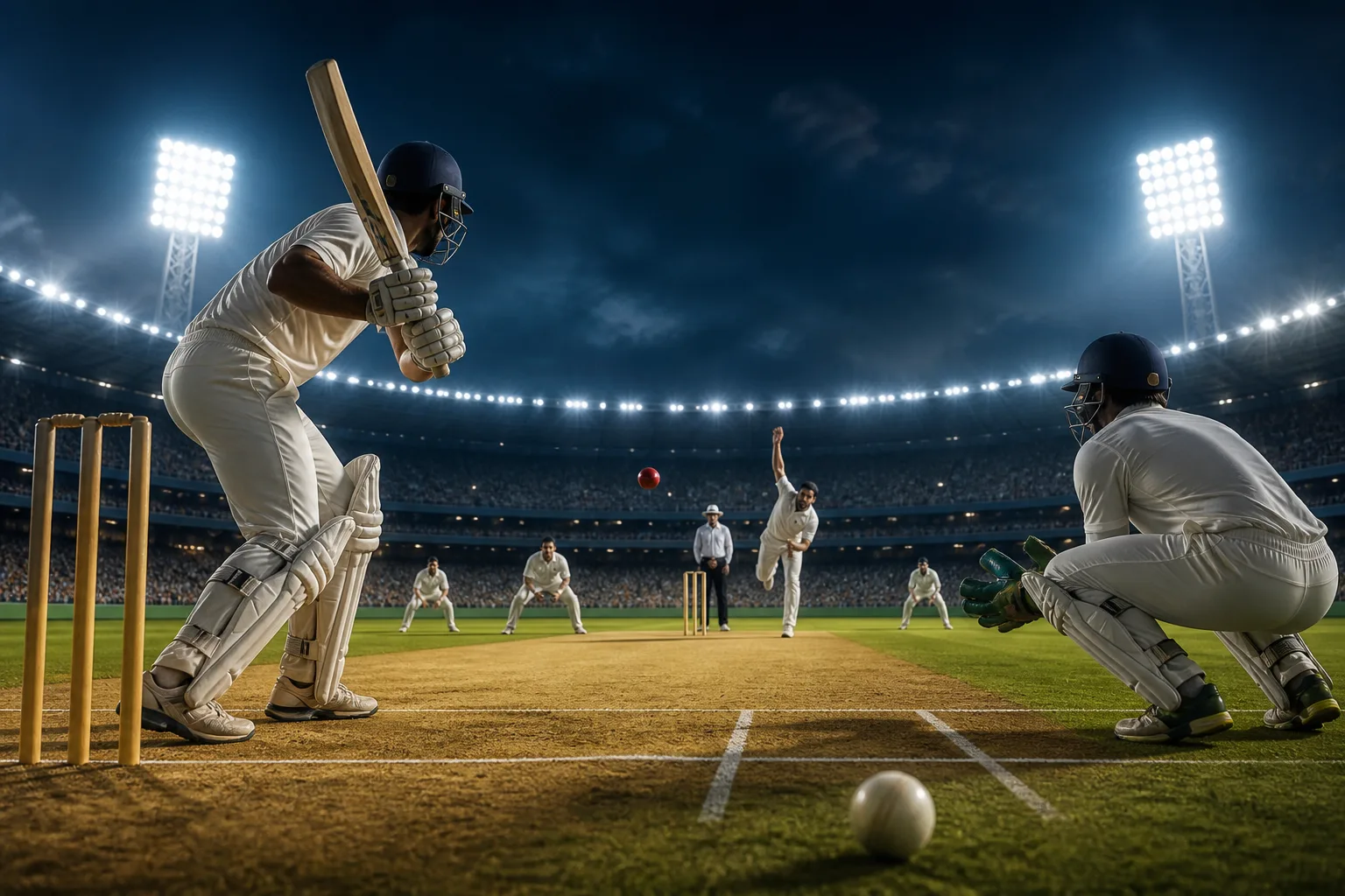 Anonymous cricket players arranged around the wicket in a night stadium