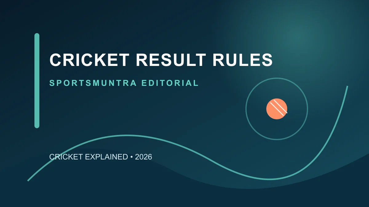 Original SportsMuntra editorial illustration for Cricket Result Rules: Wins, Ties, Draws and No Results