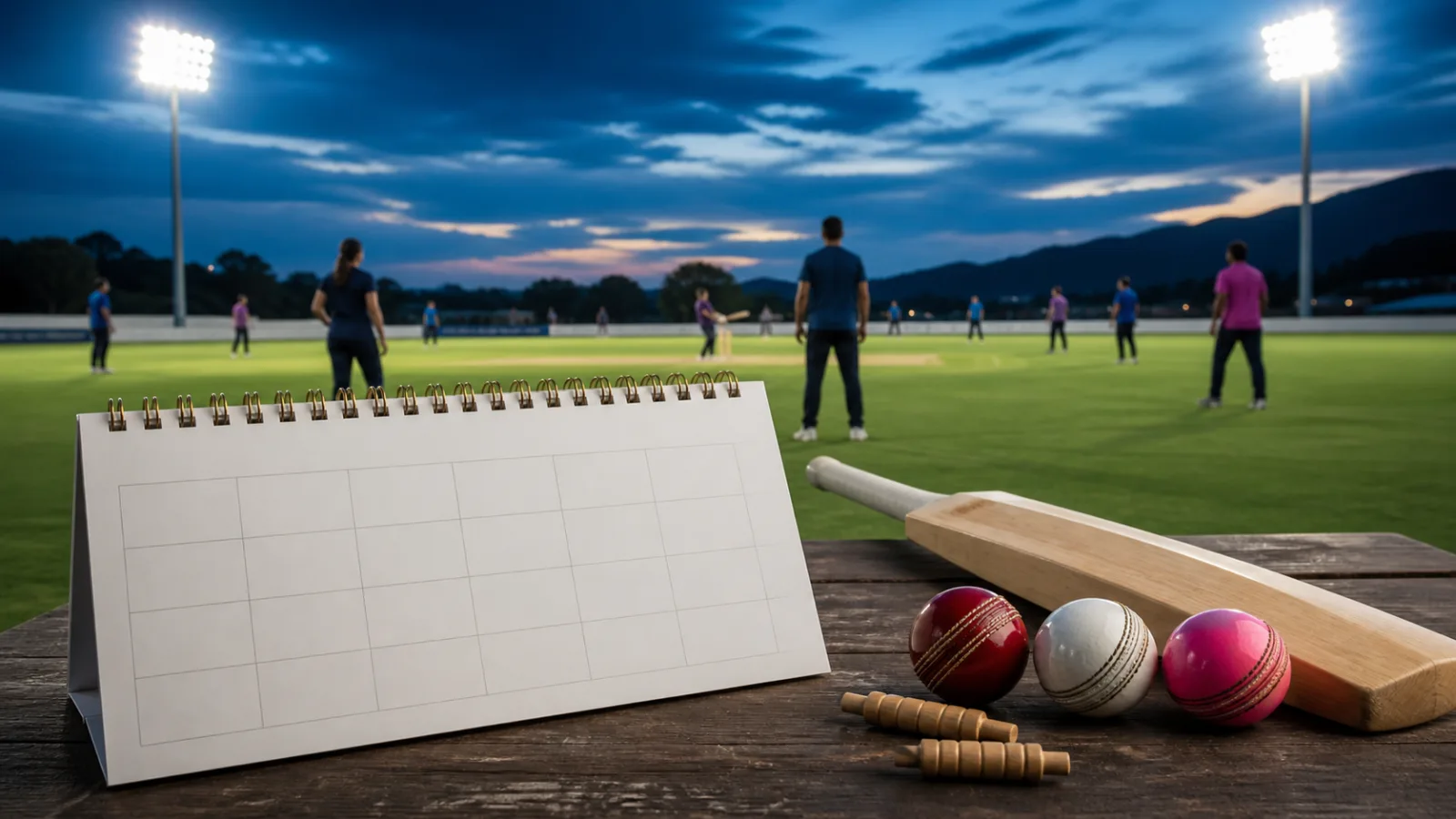 Cricket equipment arranged around a blank 2027-style calendar in a floodlit stadium