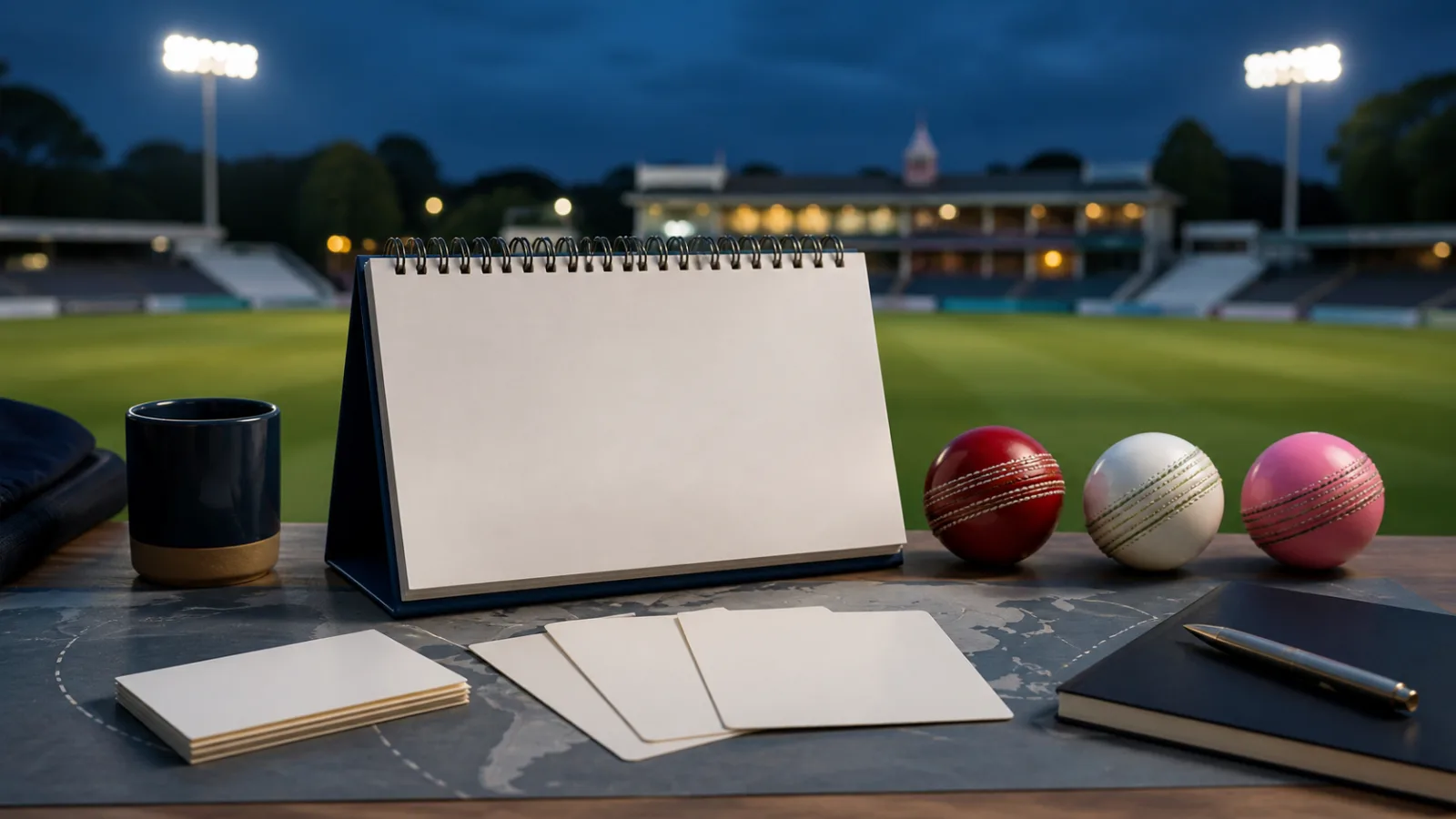 Blank cricket calendar and fixture cards beside red, white and pink balls at a floodlit ground