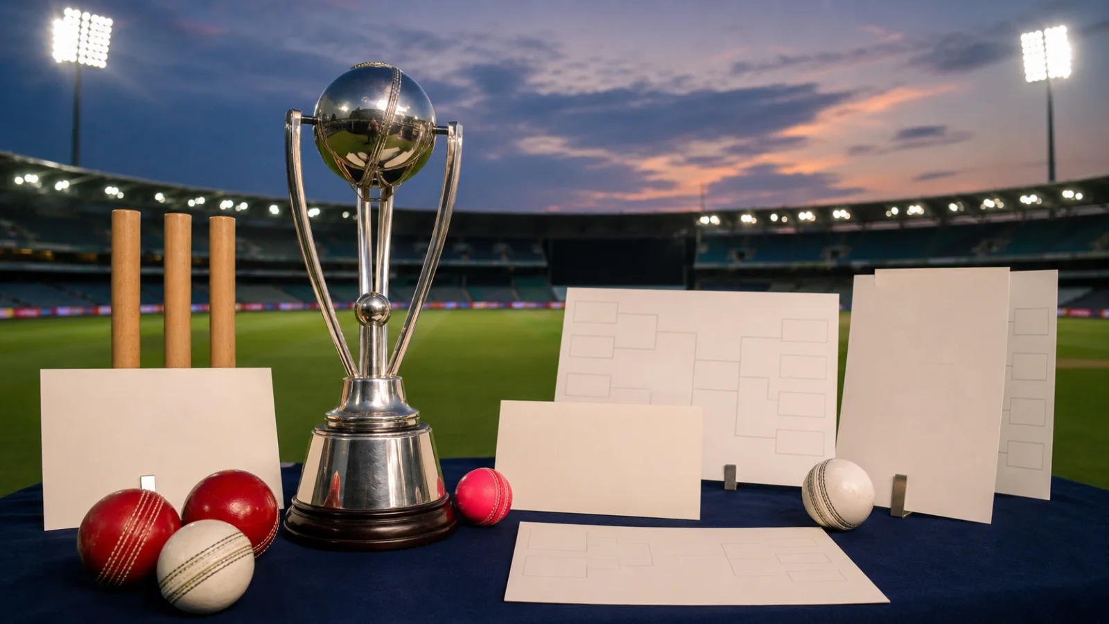 Generic silver cricket trophy beside red, white and pink balls and blank tournament brackets in a floodlit stadium