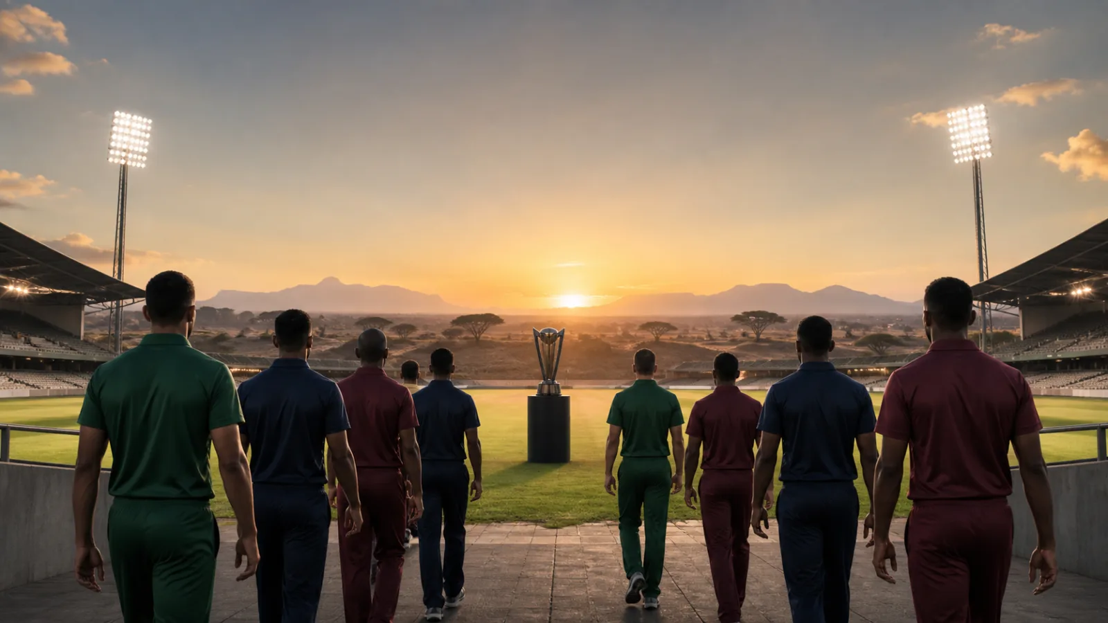 Anonymous cricketers entering a floodlit African stadium ahead of a world tournament