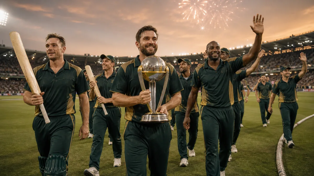 Anonymous cricket team celebrating a world championship trophy beneath stadium lights