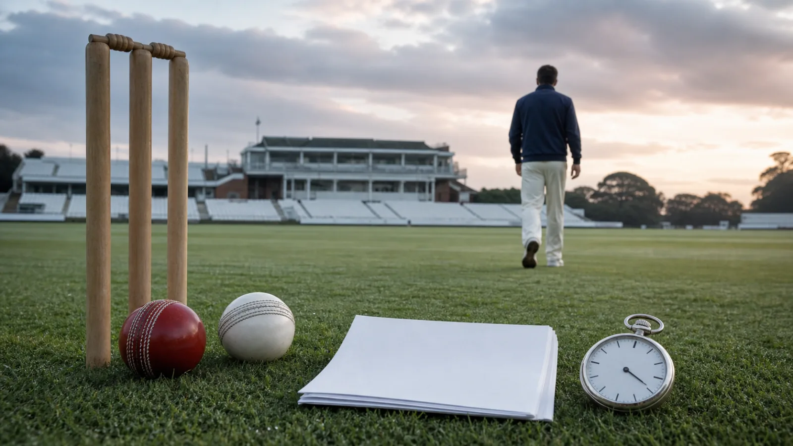 Plain cricket stumps, red and white balls, blank fixture sheets and a pocket watch on an English ground