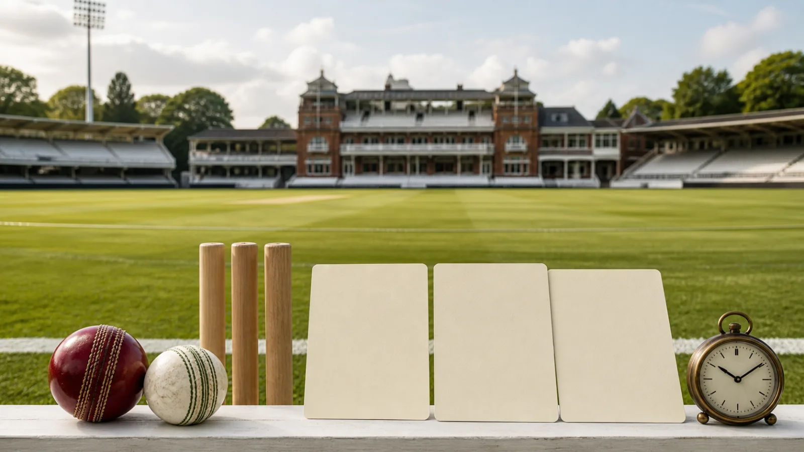 Blank fixture cards beside red and white cricket balls at an English cricket ground