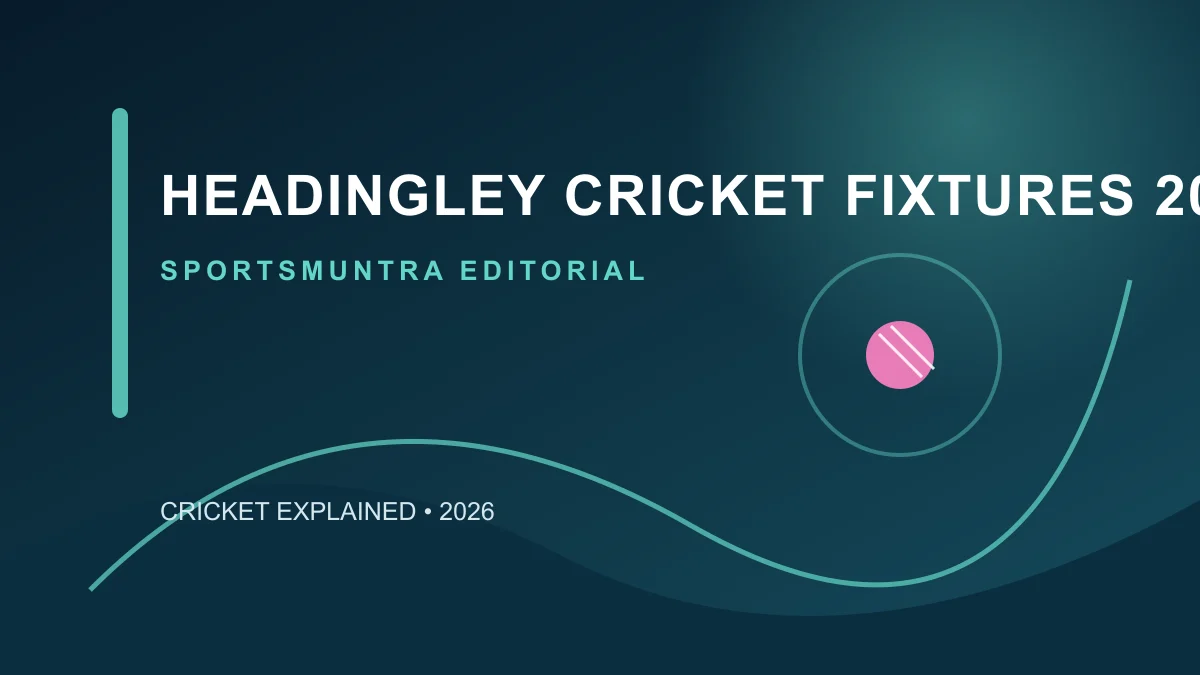 Headingley cricket ground with a 2027 fixture calendar and red cricket ball