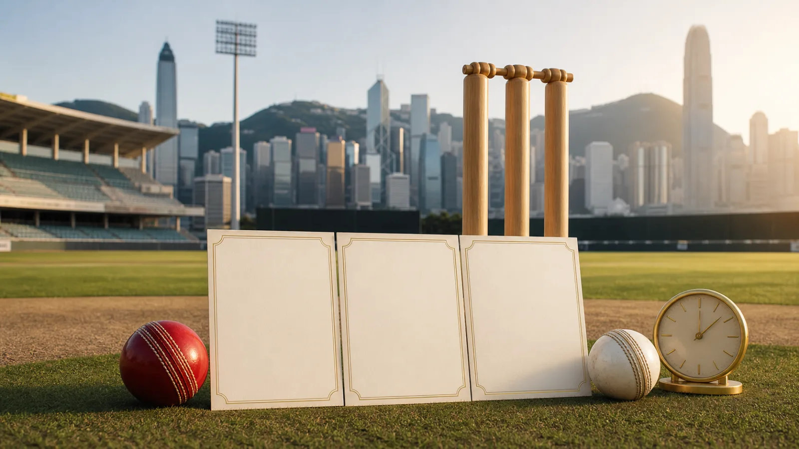 Blank fixture cards beside cricket balls and stumps at a sunlit Hong Kong cricket ground