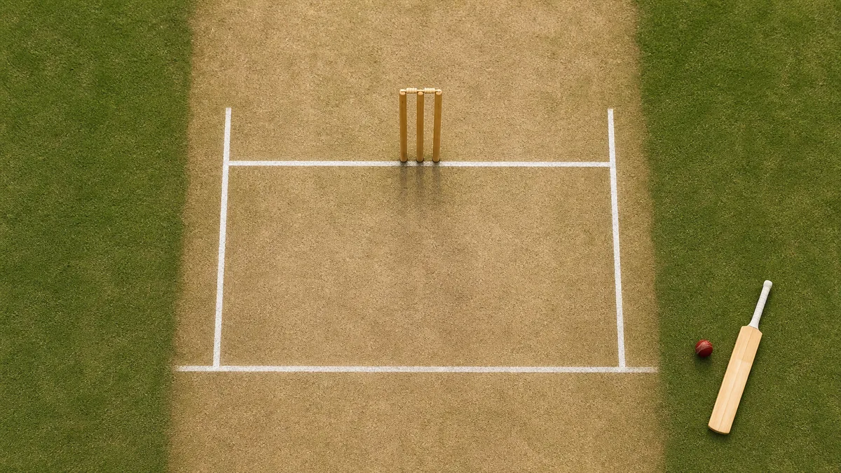 Overhead view of a cricket pitch showing the white crease markings around one wicket