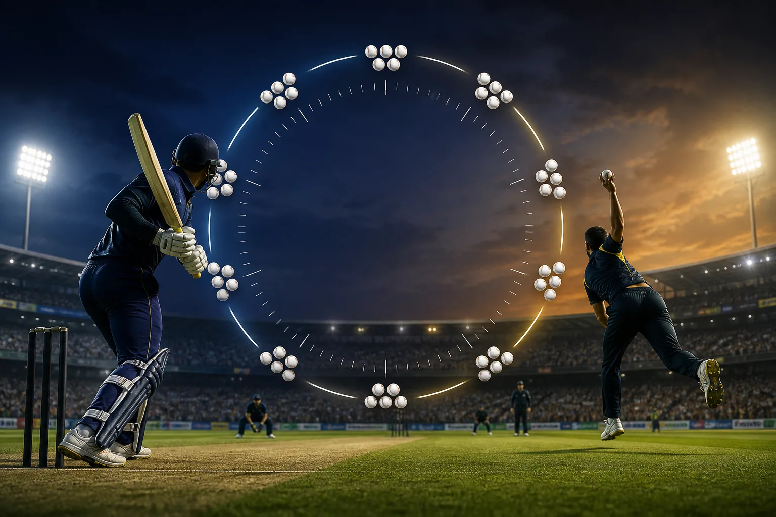 ODI cricket bowler delivering to a batter under stadium lights