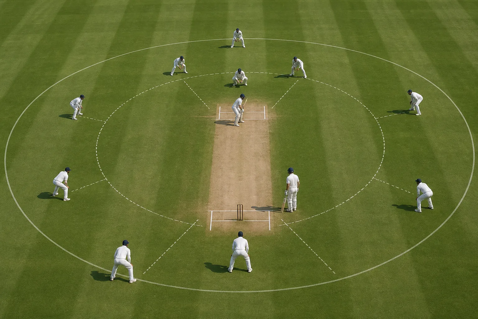 Cricket batter, bowler, wicketkeeper and fielders positioned around the pitch