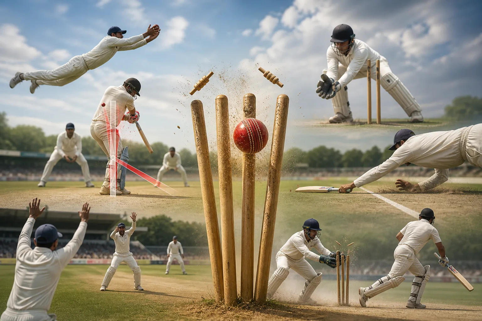 Cricket delivery passing the wicketkeeper with wickets and fielders visible