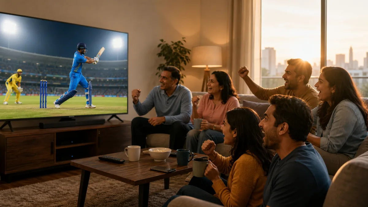 South Asian American family and friends watching a cricket match together on television in a sunlit living room
