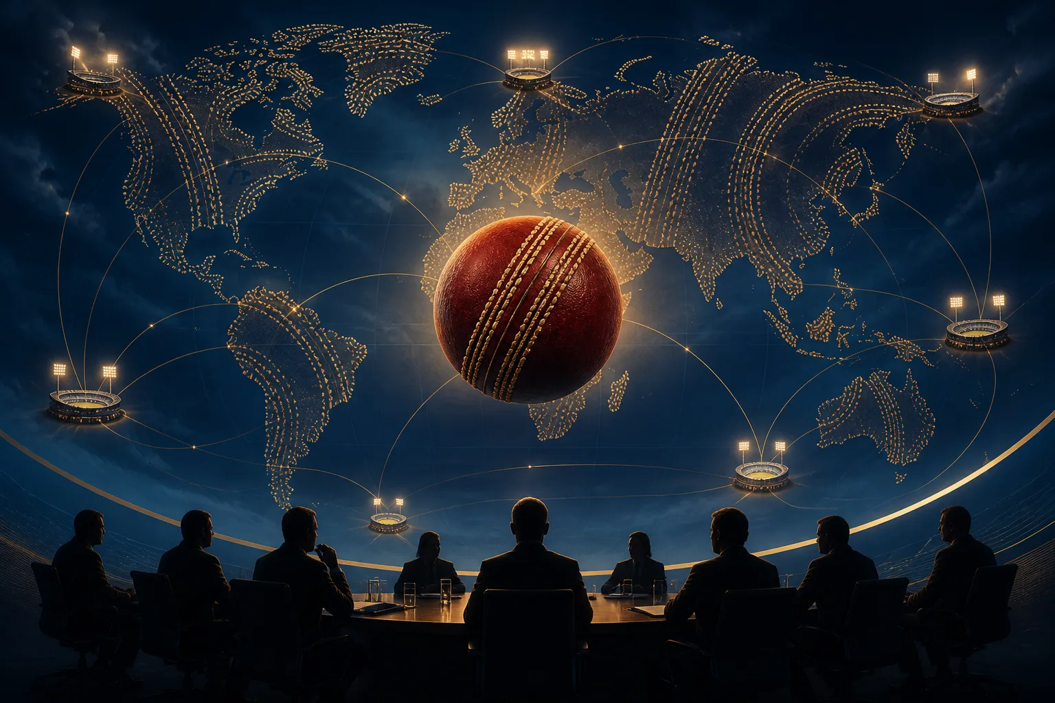 International-style cricket match in a large illuminated stadium