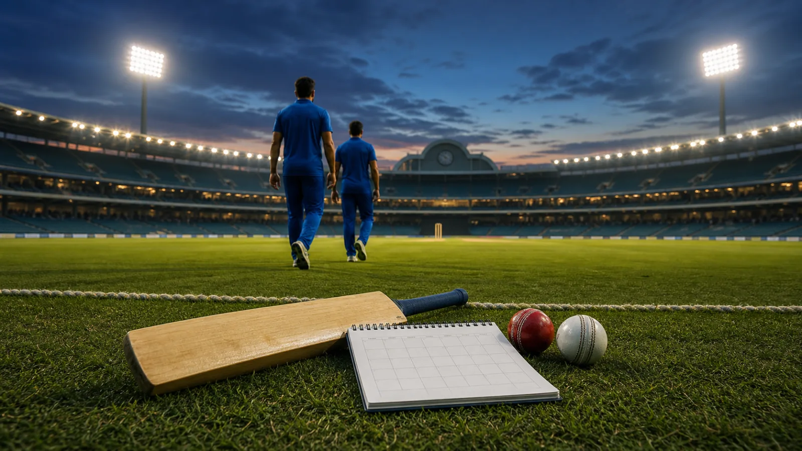 Cricket equipment beside a fixture calendar and stadium clock on a blue-lit outfield