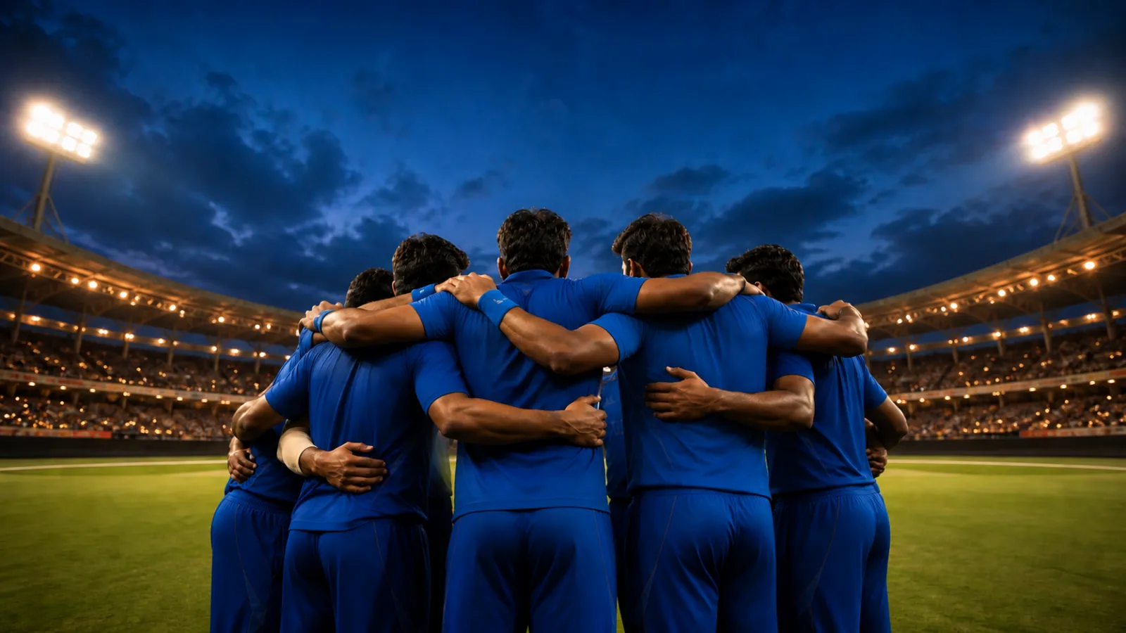 Anonymous cricket players in plain blue training tops huddling in a floodlit stadium