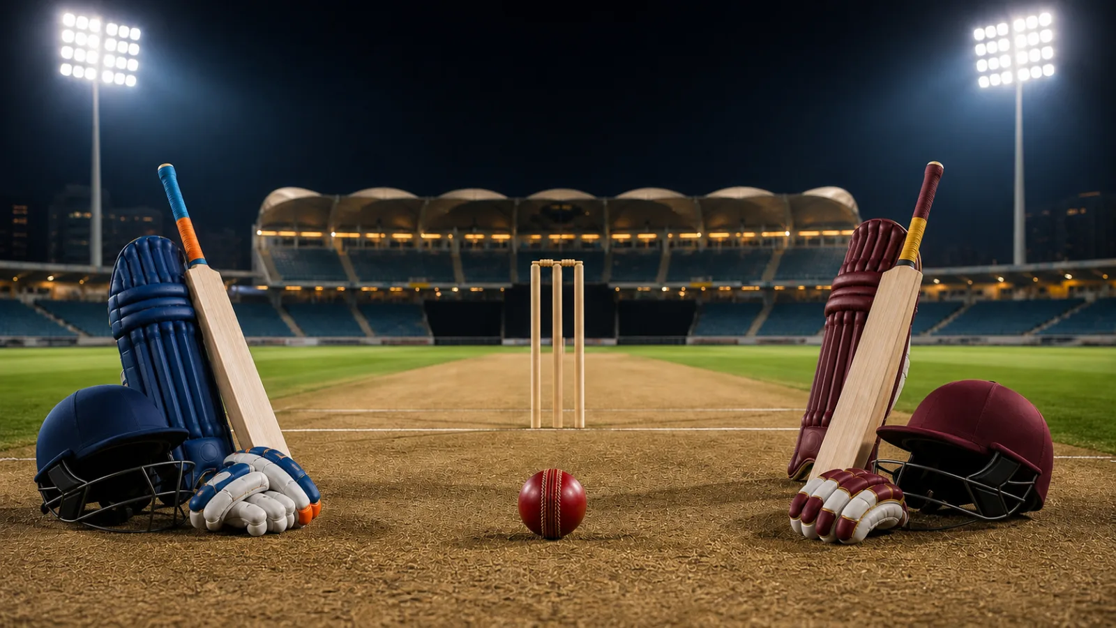 Plain blue and crimson cricket equipment beside a ball and stumps in a floodlit stadium