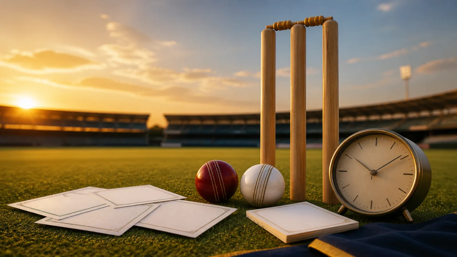 Blank fixture cards beside cricket balls and stumps at a sunlit Indian cricket ground