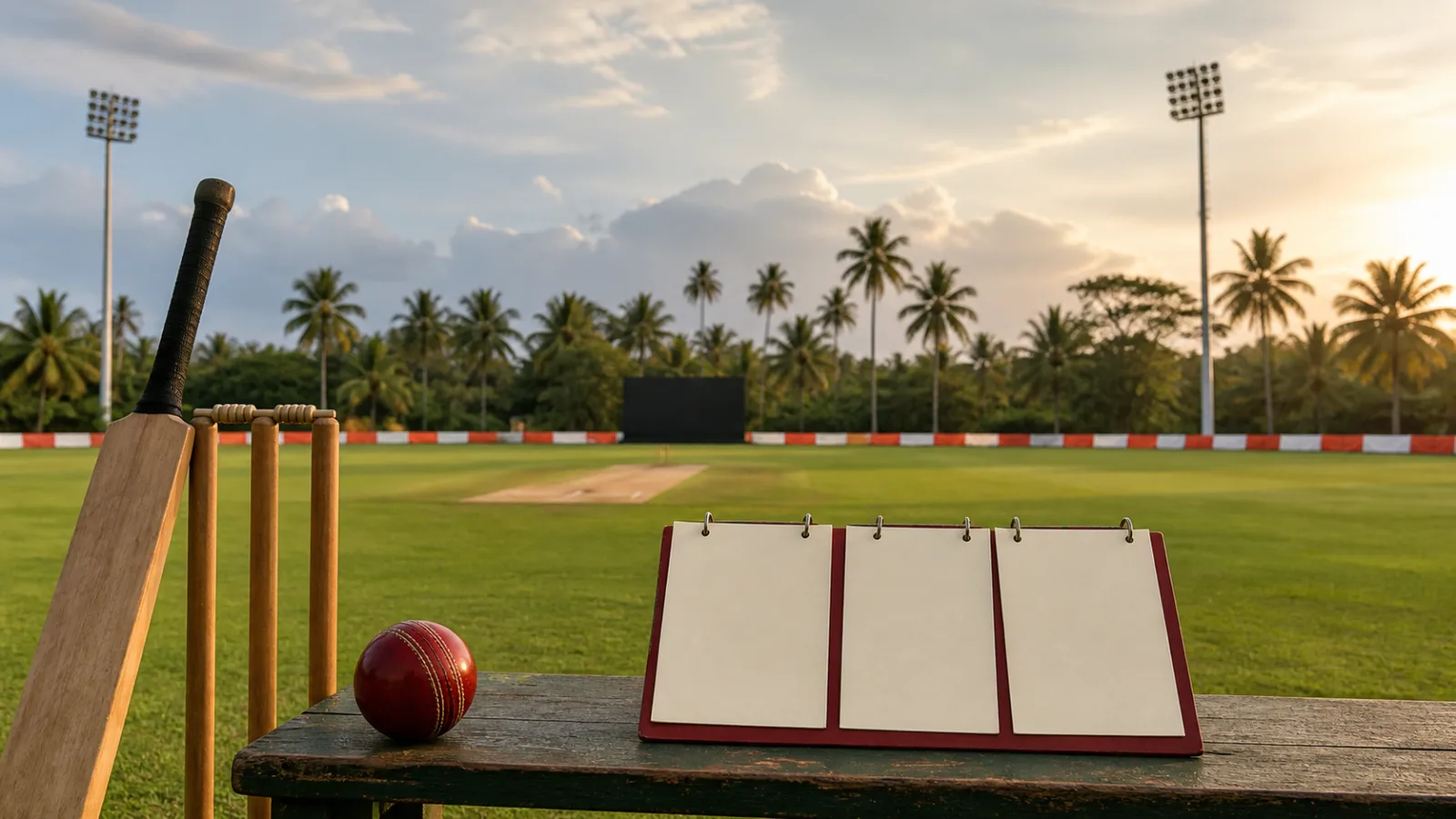 Blank fixture cards beside cricket equipment at a tropical Indonesian cricket ground