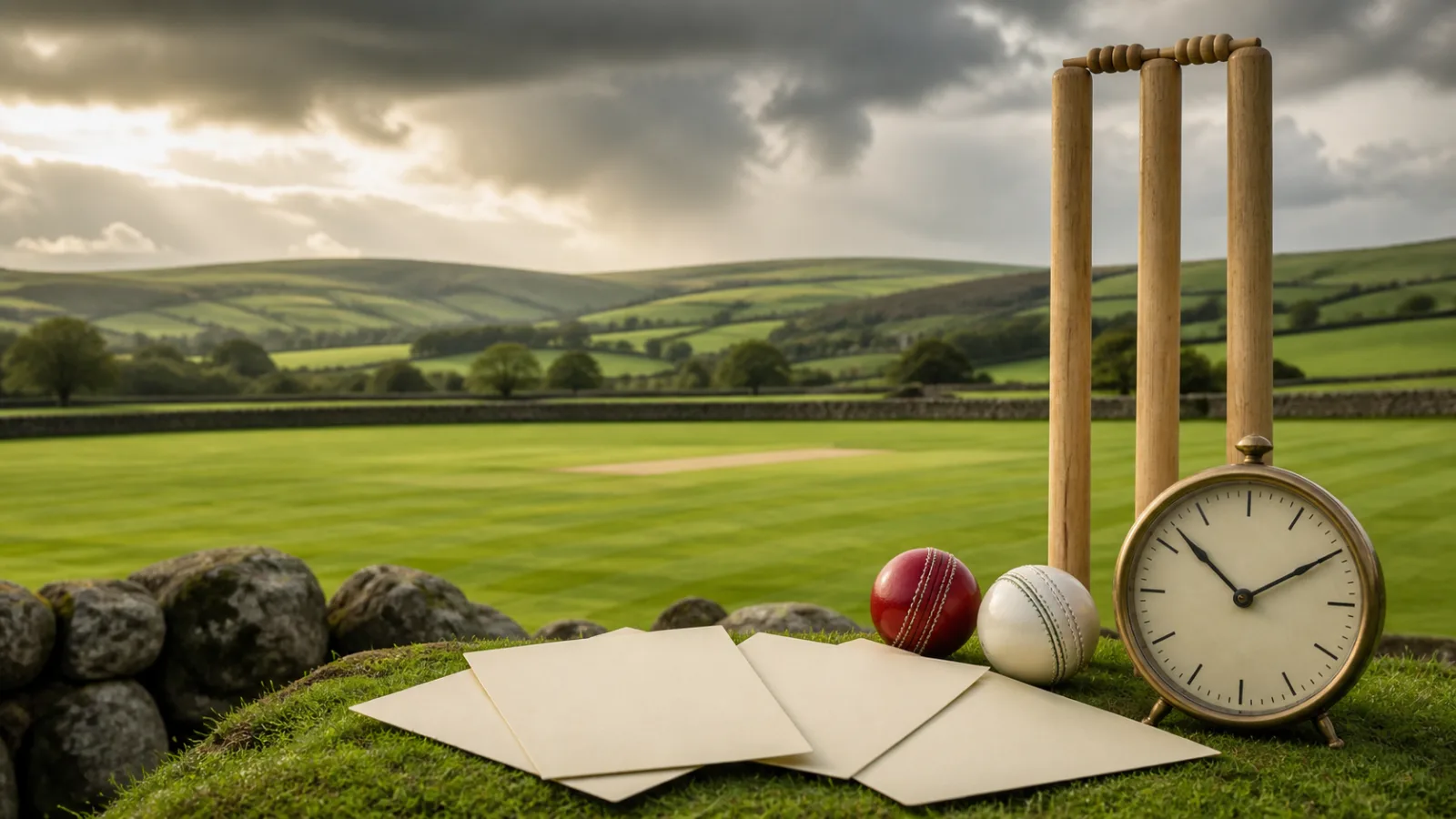 Blank fixture cards with cricket balls and stumps at a green Irish cricket ground