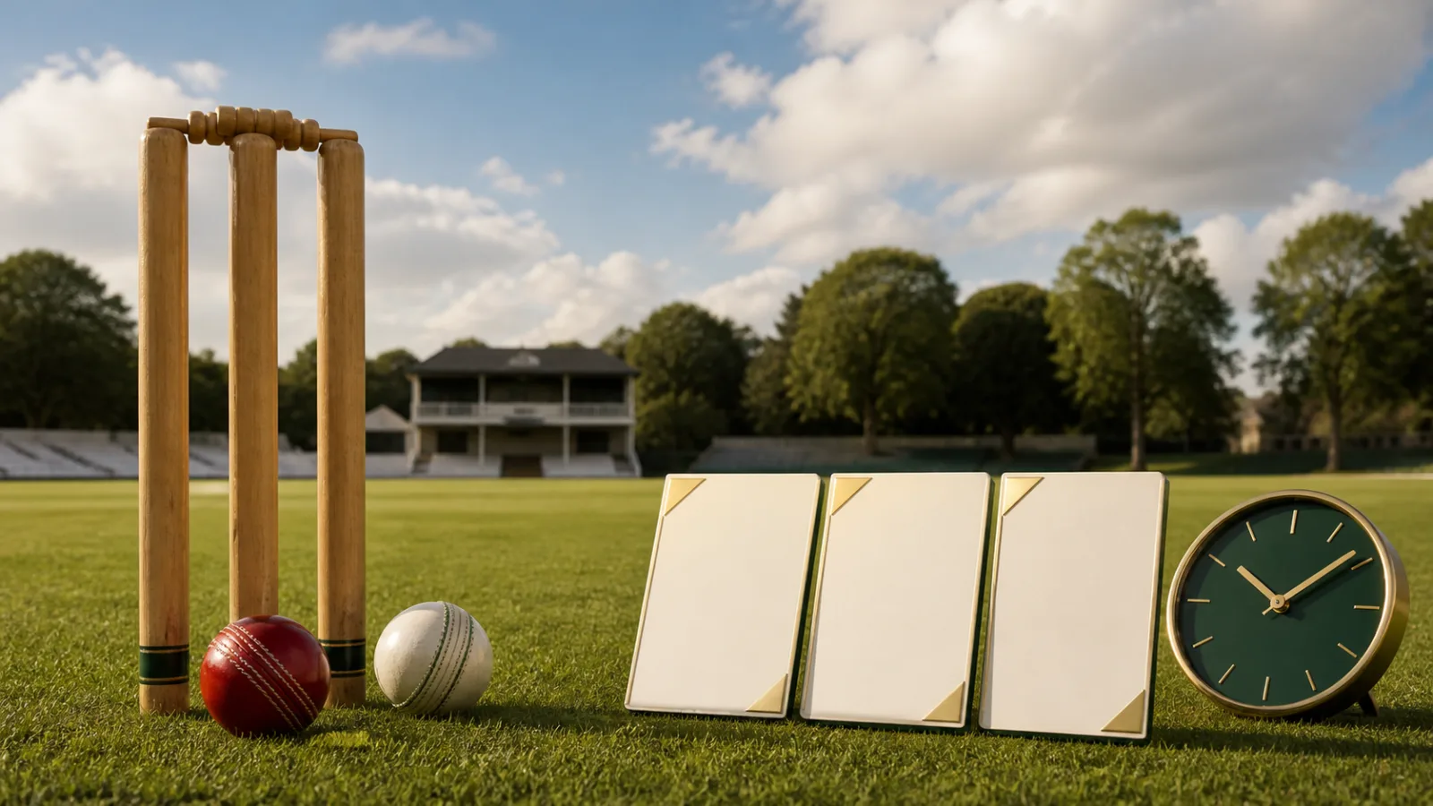 Blank fixture cards beside cricket balls and stumps at a sunlit Irish cricket ground