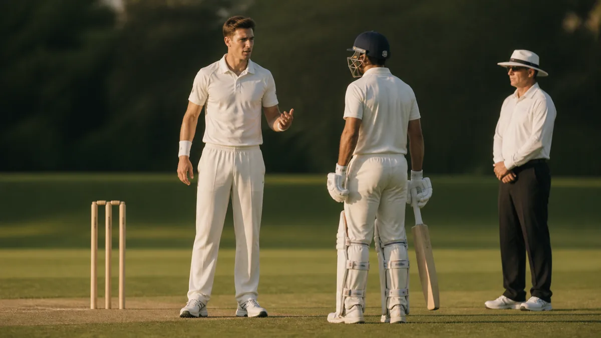 Cricket bowler speaking to a batter while an umpire watches nearby