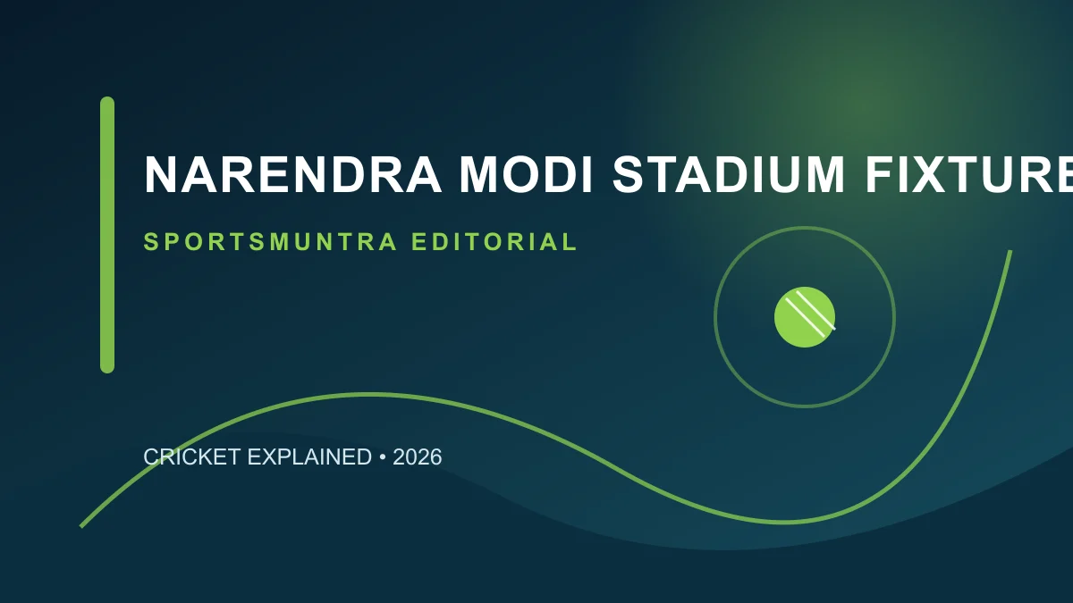 Narendra Modi Stadium with a 2027 Test-match fixture calendar and red cricket ball