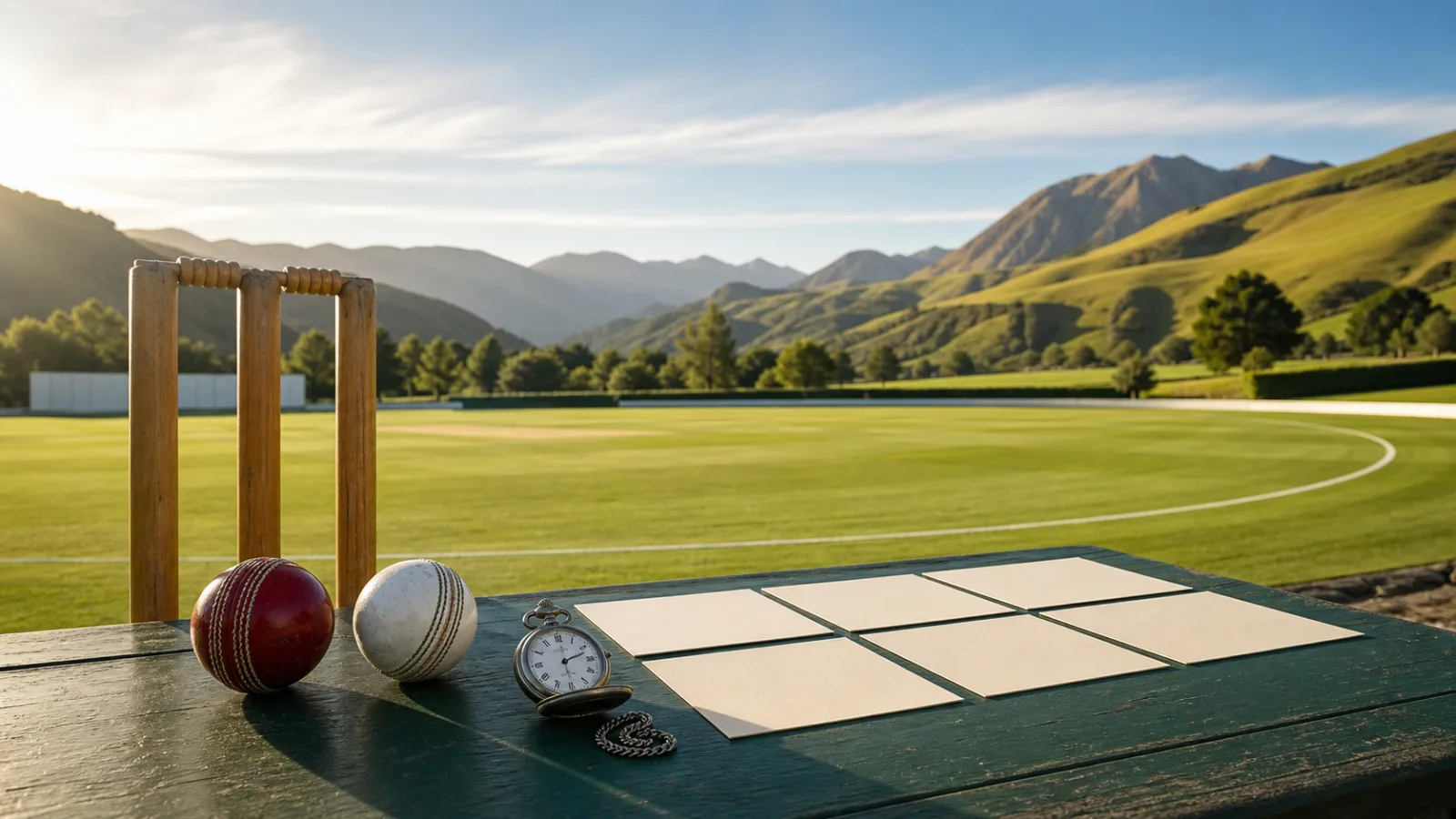 Blank fixture cards, cricket stumps and red and white balls on a sunlit New Zealand ground