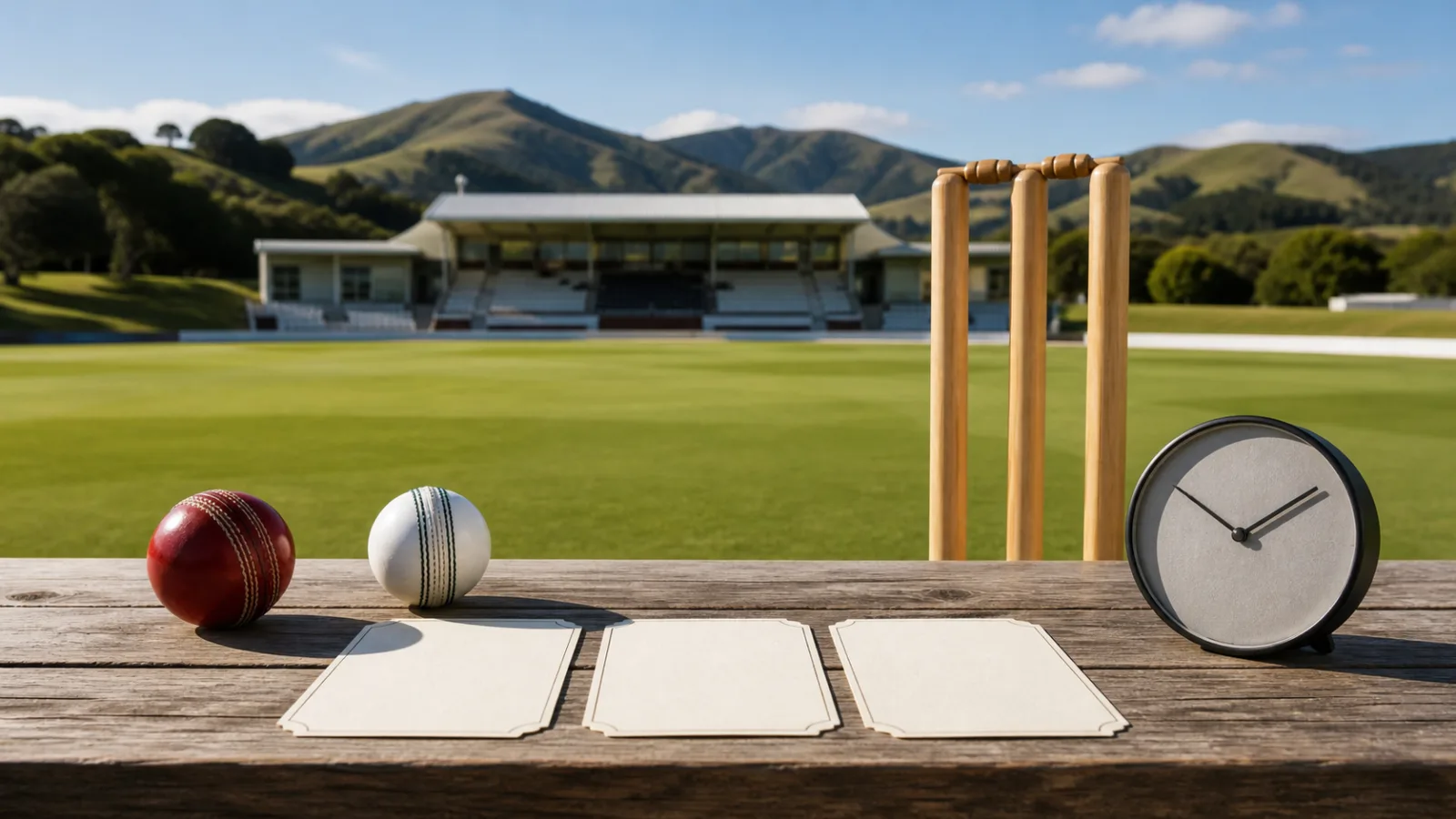 Blank fixture cards beside cricket balls and stumps at a sunlit New Zealand cricket ground