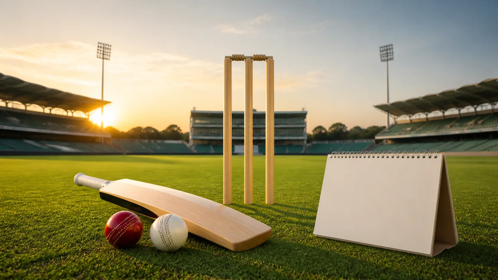 Cricket bat, red and white balls, wickets and a blank fixture calendar on a stadium outfield