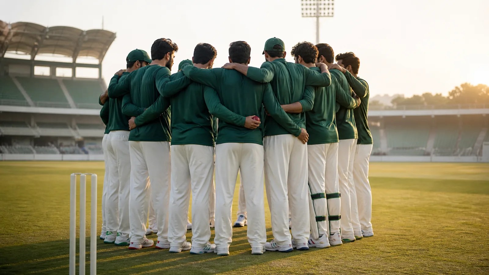 Anonymous cricket players in plain green training tops huddling on a stadium outfield