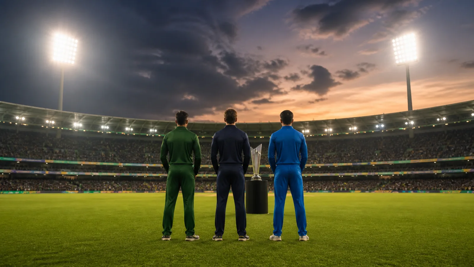 Three anonymous cricketers facing a generic trophy in a floodlit stadium