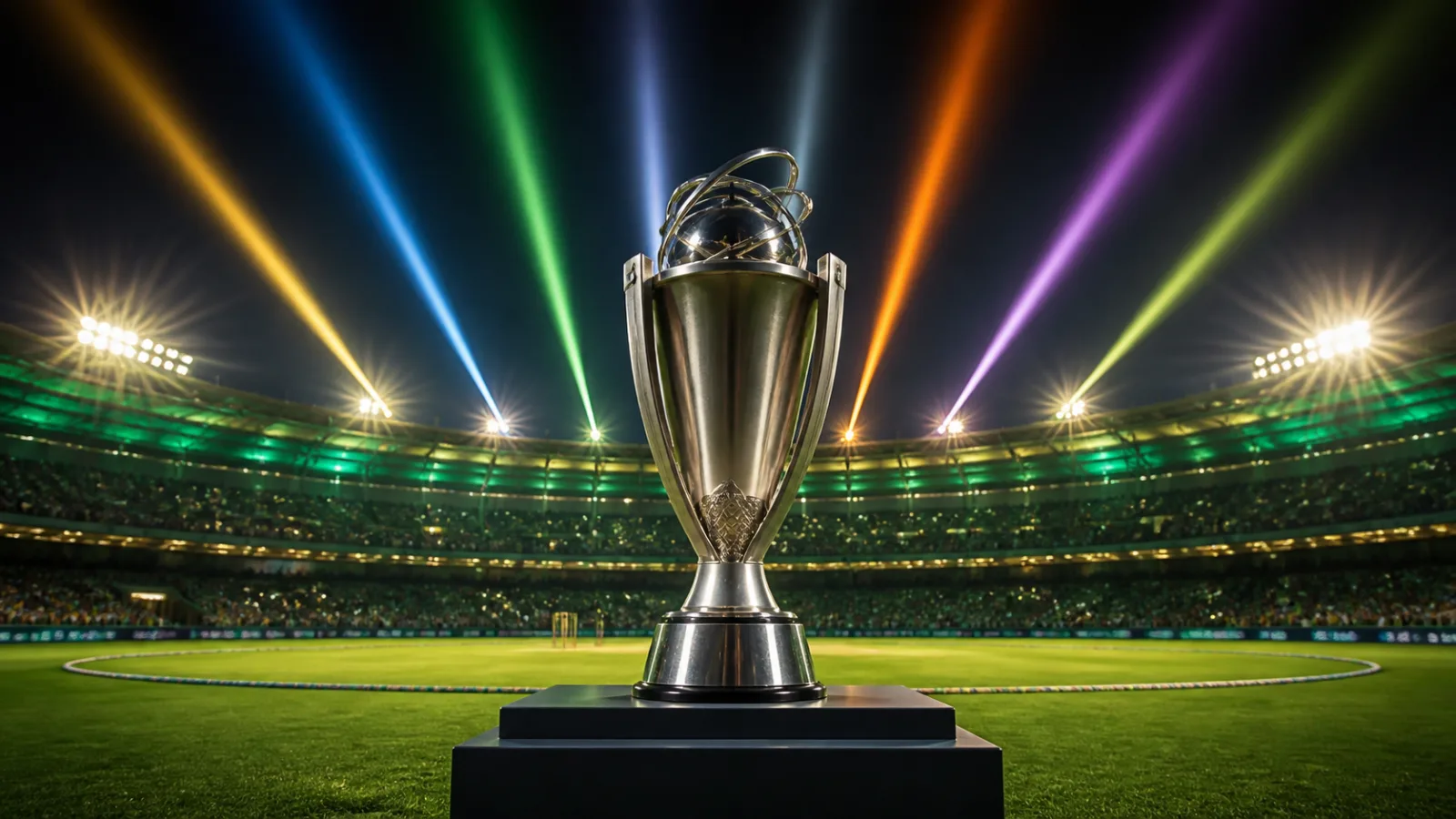 Generic silver cricket trophy under colored beams in a floodlit stadium