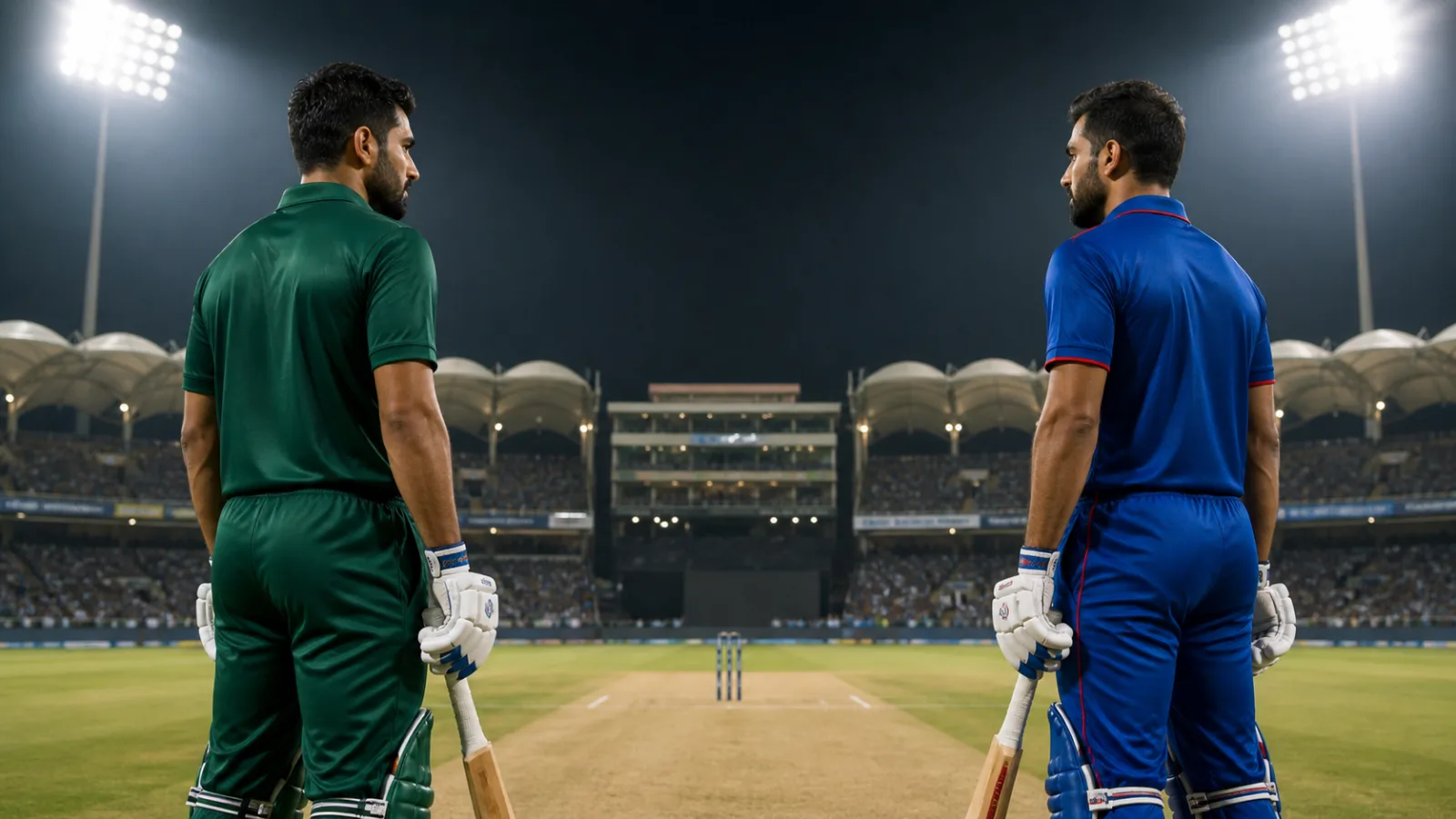 Two anonymous cricket captains in plain green and blue kits facing each other on a floodlit desert-region ground