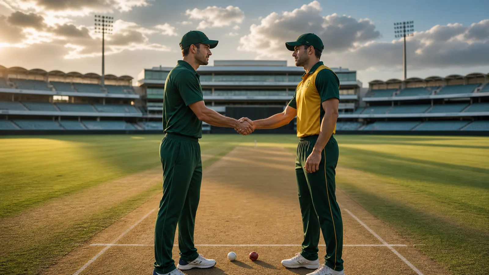 Two anonymous cricket captains in plain green and gold kits shaking hands on a cricket pitch