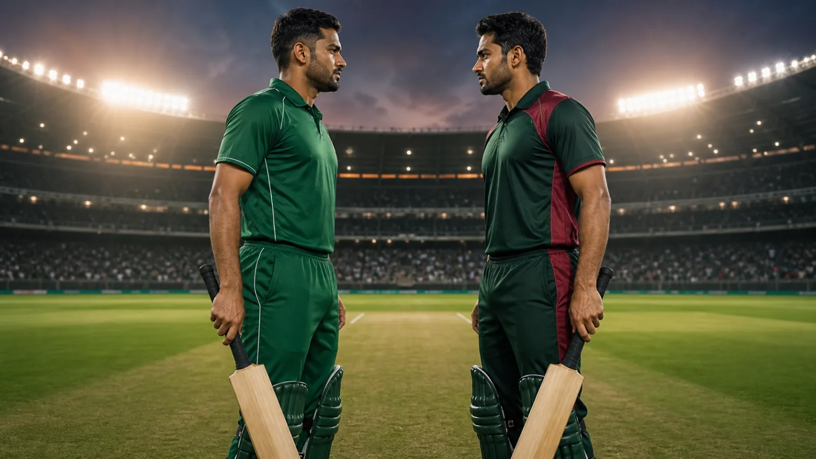 Two anonymous cricket captains in plain dark-green kits facing each other on a floodlit South Asian ground