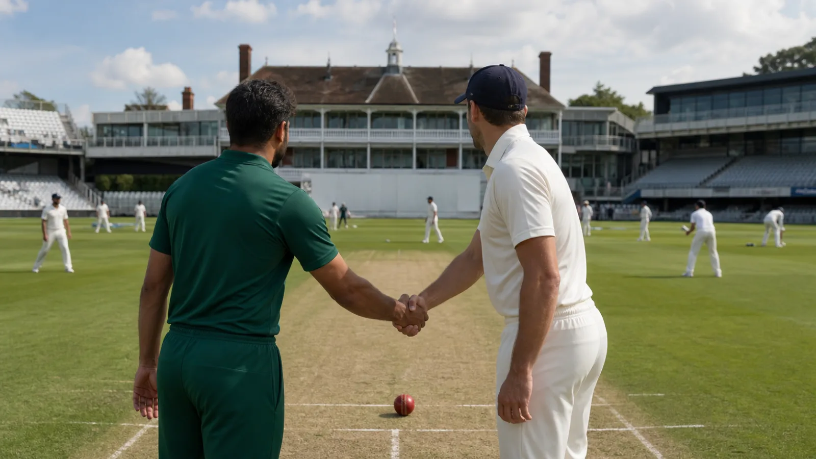 Two anonymous cricket captains in plain green and white kits shaking hands on a cricket pitch