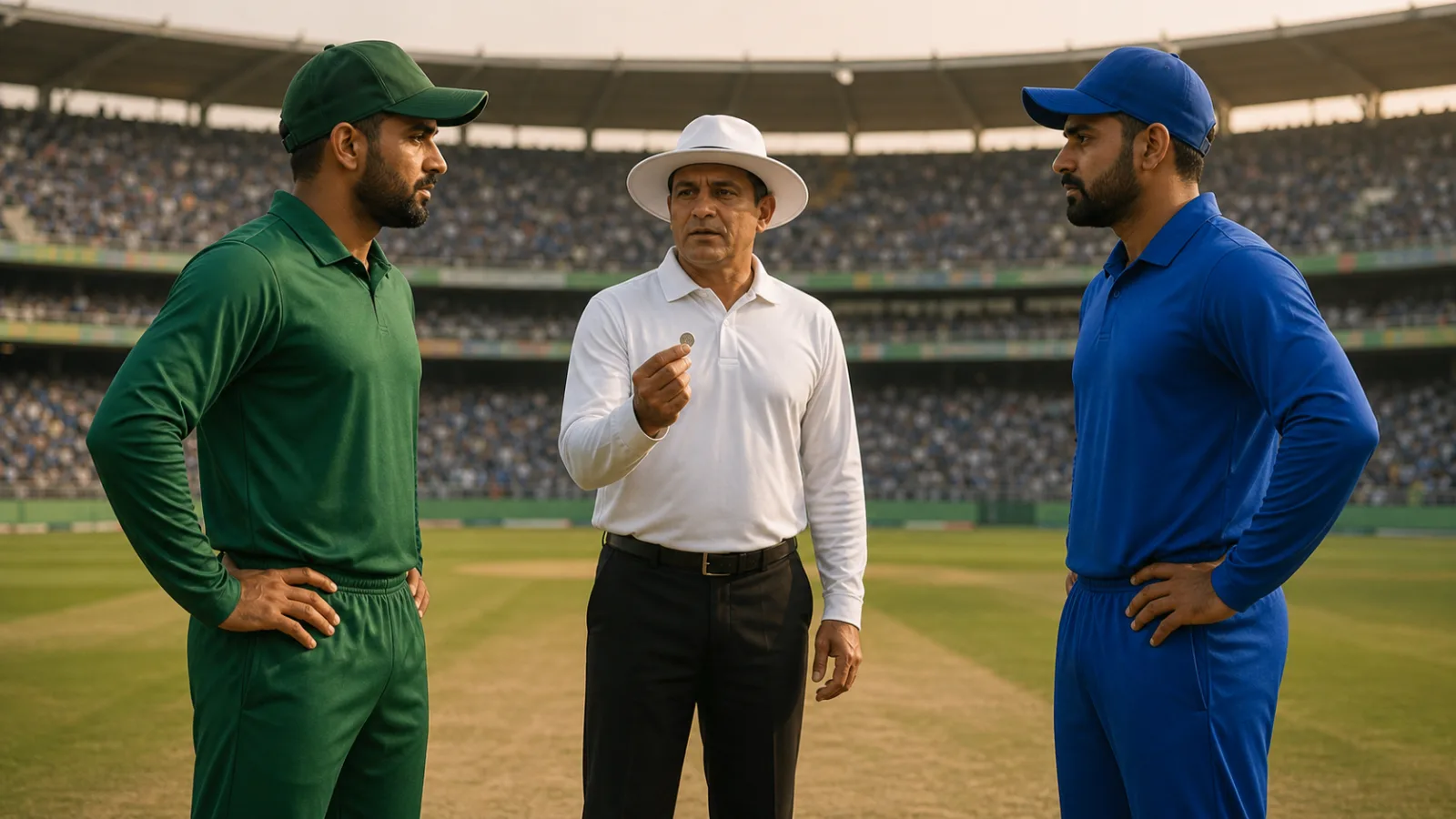 Two anonymous cricket captains in plain green and blue uniforms facing each other at the toss