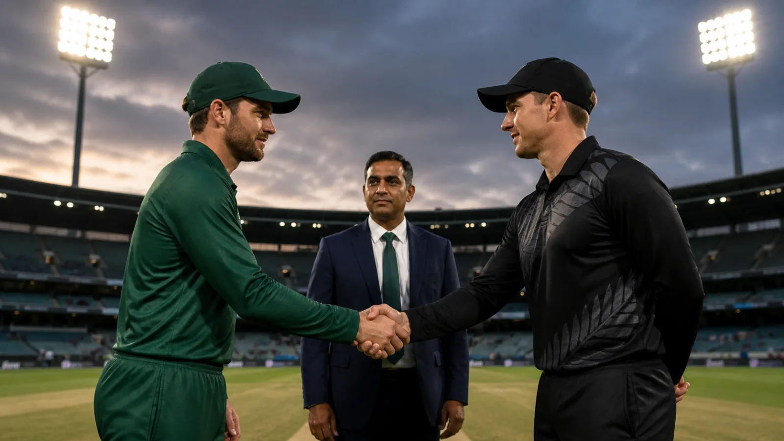 Two anonymous cricket captains in plain green and black kits shaking hands at the toss