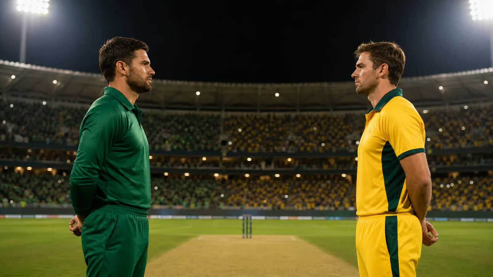 Two anonymous cricket captains in plain deep green and gold kits looking across a floodlit pitch